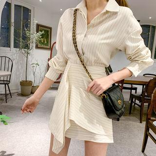 Pinstriped Shirt & Draped Miniskirt Set