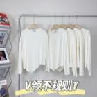 Long-sleeve T-shirt V-neck - Irregular Hem - White - One Size