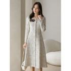 Square-neck A-line Midi Tweed Dress