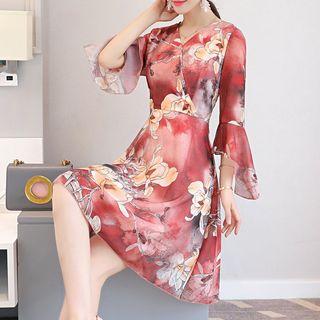 3/4-sleeve Floral A-line Chiffon Dress