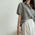 Short-sleeve Linen Blend Shirt Khaki - One Size