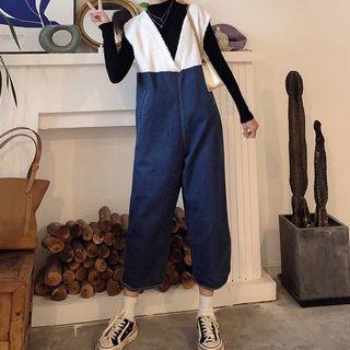 Mock Neck Long-sleeve Top / Sleeveless Denim Panel Jumpsuit
