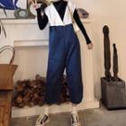 Mock Neck Long-sleeve Top / Sleeveless Denim Panel Jumpsuit