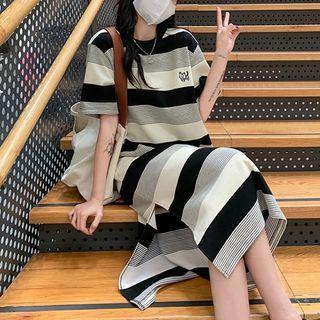 Elbow-sleeve Color Block Striped Midi T-shirt Dress