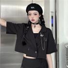 Short-sleeve Blazer Black Blazer & Safety Pin Chain Brooch - Silver - One Size