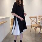 Set: Short-sleeve Slit Long T-shirt + Accordion Pleat Dress
