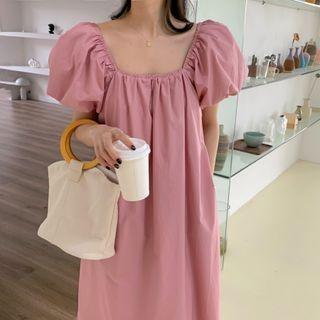 Puff-sleeve Square-neck Shirred Midi A-line Dress