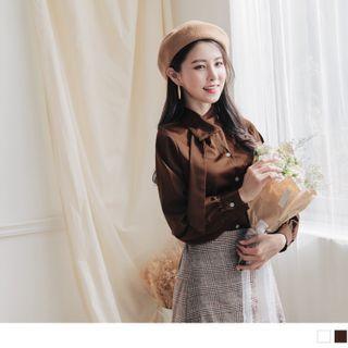 Asymmetric Collar Long-sleeve Satin Blouse