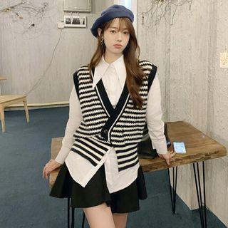 Long-sleeve Plain Shirt + Patterned Knit Vest