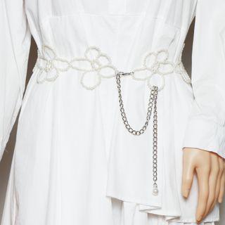 Faux Pearl Floral Chain Belt White & Silver - One Size