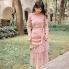 Set: Irregular Hem Faux Pearl Sweater + Dotted Mesh Midi Tiered Skirt Set - Pink - One Size