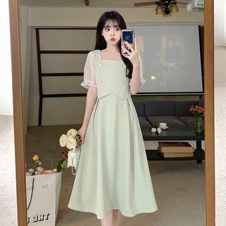 Puff-sleeve Square-neck Midi Skirt
