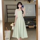 Puff-sleeve Square-neck Midi Skirt