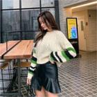 Drop-shoulder Contrast-trim Cable Knit Sweater