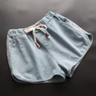 Drawstring Denim Hot Pants Light Blue - One Size