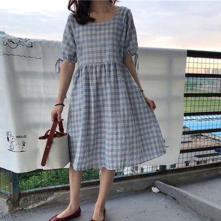 Elbow-sleeve Plaid A-line Dress Plaid - Blue - One Size