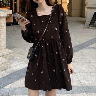 Long-sleeve Embroidered Corduroy Mini A-line Dress