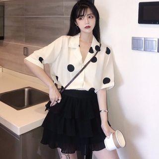 Dotted Elbow-sleeve Shirt / Tiered Midi Skirt