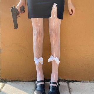 Ribbon Fishnet Tights White - One Size