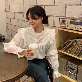 Long-sleeve Ruffle Embroidered Blouse Off-white - One Size
