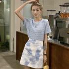 Short-sleeve Perforated Top / Tie Dye Mini Skirt