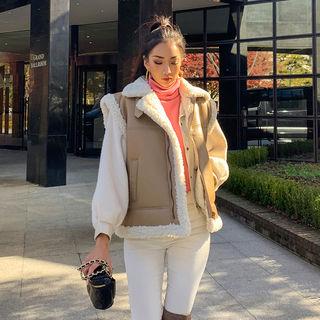 Buckle-neck Faux-shearling Zip-up Vest