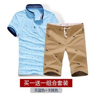 Set: Printed Short Sleeve Polo Shirt + Embroidered Shorts / Set Of Two: Shorts