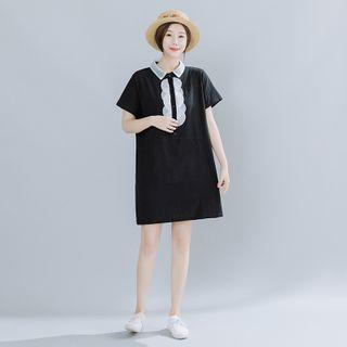 Short-sleeve Contrast Collar Mini Shift Shirtdress