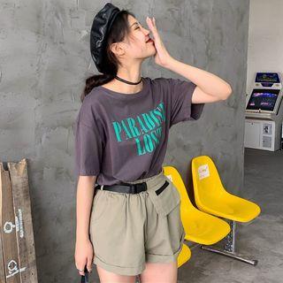 Elbow-sleeve Letter T-shirt / Wide-leg Cargo Shorts / Belted Pouch / Set