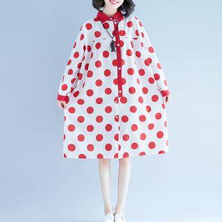 Long-sleeve Dotted A-line Shirtdress Red Dots - White - One Size