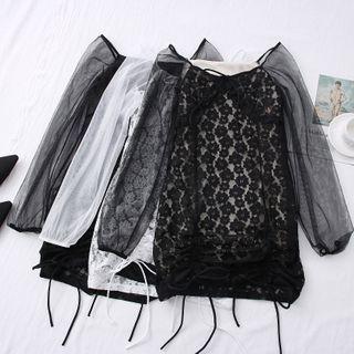 Ribbon-neckline Drawstring Lace Mini Dress
