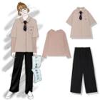 Neck Tie Short-sleeve Shirt / Long-sleeve T-shirt / Straight Fit Pants