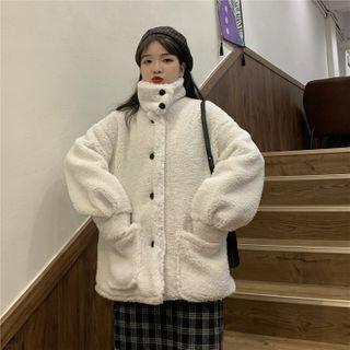 Collared Single-breasted Fleece Jacket White - One Size