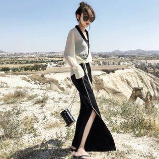 Set: Lettering Chiffon Wrap Blouse + Bandeau + Wide Leg Pants