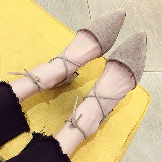 Faux Suede Lace Up Pointed Block Heel Pumps