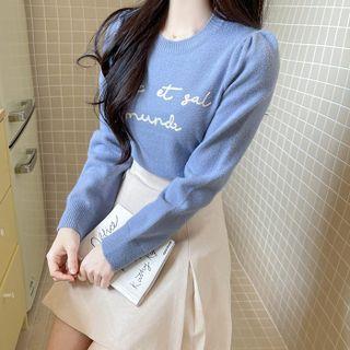 Puff-sleeve Letter Knit Top