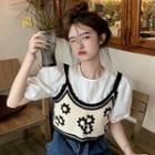 Flower Embroidered Knit Cropped Camisole Top / Puff-sleeve Round Neck Plain Blouse