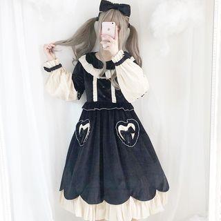 Frilled Trim Velvet Lolita Dress / Lace Trim Bow Headband / Set