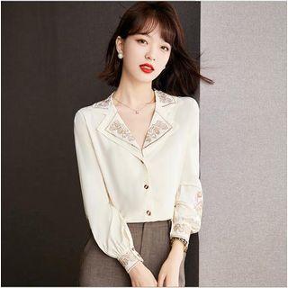 Long-sleeve Open-collar Floral Blouse