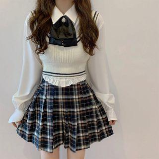 Plaid Pleated Mini A-line Skirt / Ribbon Tie-neck Shirt / Knit Vest / Set