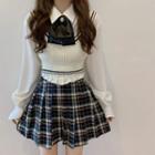 Plaid Pleated Mini A-line Skirt / Ribbon Tie-neck Shirt / Knit Vest / Set