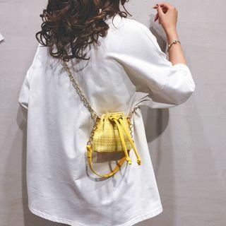Drawstring Woven Chain Bucket Bag