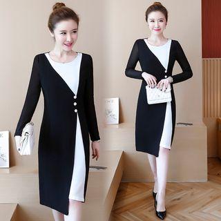 Long-sleeve Asymmetric Color Block Dress