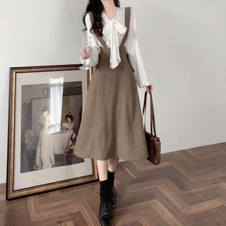 Long-sleeve Bow-neck Blouse / Midi A-line Suspender Skirt