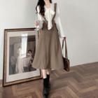 Long-sleeve Bow-neck Blouse / Midi A-line Suspender Skirt