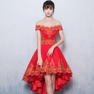 Embroidered Off-shoulder Dip Back Prom Dress