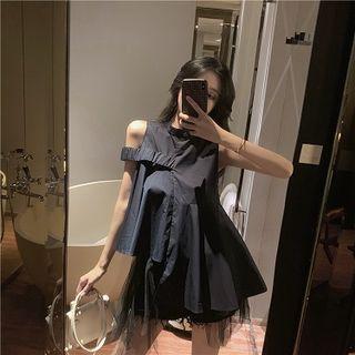 Sleeveless Asymmetric Chiffon Paneled Top Navy Blue - One Size