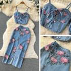 Set: Floral Cropped Camisole Top + High-waist Floral Midi Skirt