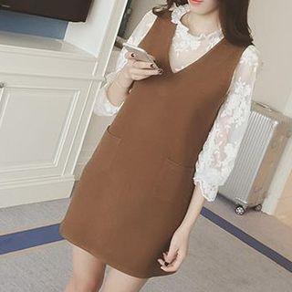 Set: 3/4-sleeve Lace Blouse + Sleeveless Mini Dress