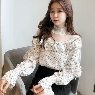 Mesh Panel Dotted Ruffle Blouse
